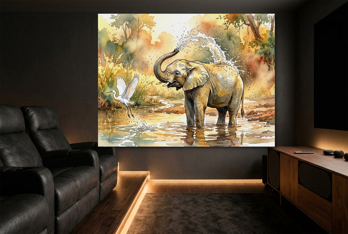 Elephant Water Splash — elephant water splash home theater room interior 1land flush print