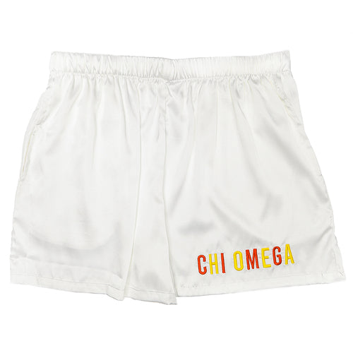Embroidered Satin Shorts- Chi Omega