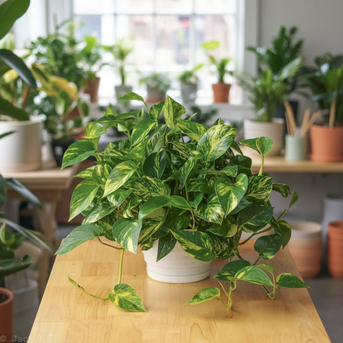 Golden Pothos houseplant in white ceramic pot on table with trailing green and yellow leaves.