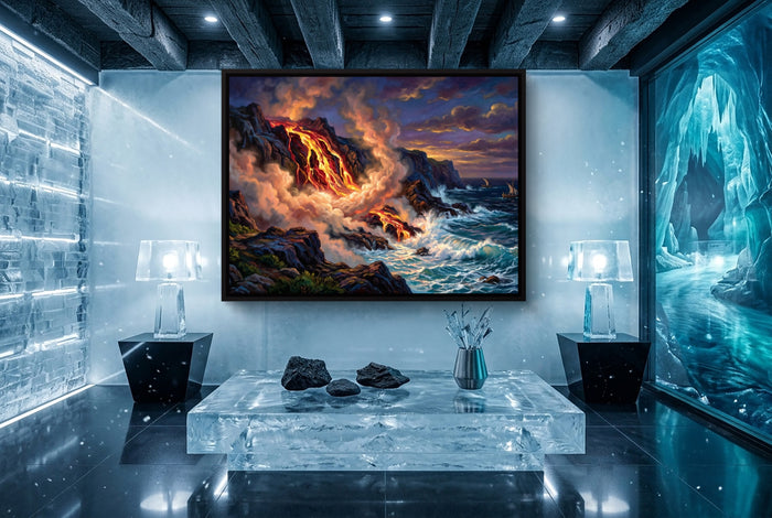 Fiery Ocean Shore — fiery ocean shore icicle unreal minimalist living room 1land framed black