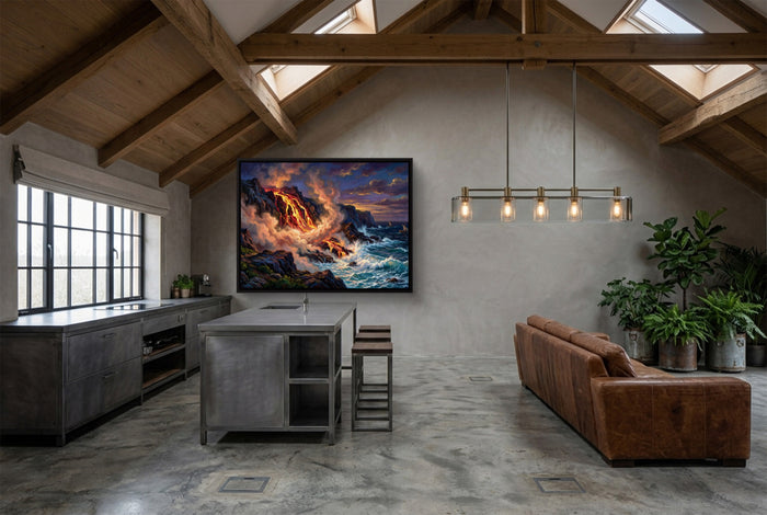 Fiery Ocean Shore — fiery ocean shore modern minimalist living room 4 1land framed black