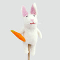 Handcrafted white rabbit finger puppet made from natural wool