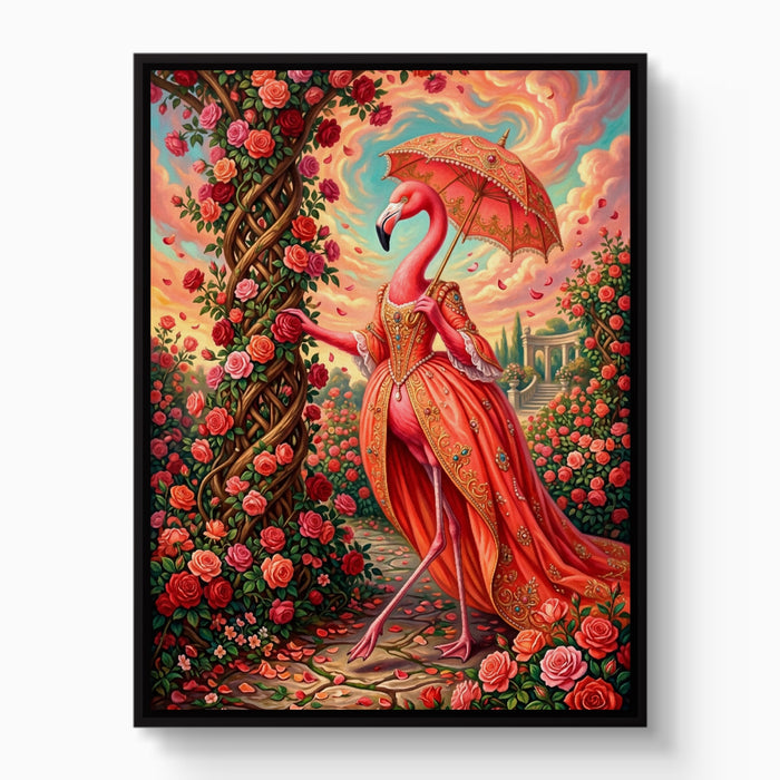 Flamingo's Rose Stroll — flamingo's rose stroll white studio framed black