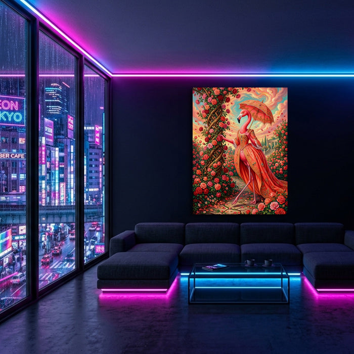 Flamingo's Rose Stroll — flamingo's rose stroll sq blue pink neon room 1port flush print