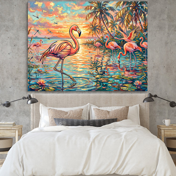 Flamingos Tropical Sunset — flamingos tropical sunset sq bedroom cement wall 1land flush print