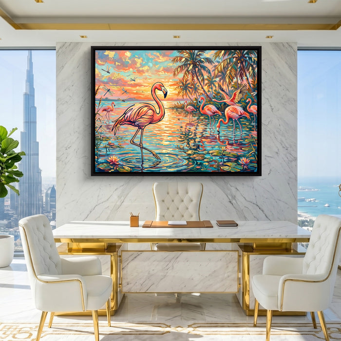 Flamingos Tropical Sunset — flamingos tropical sunset sq king lux 1land framed black