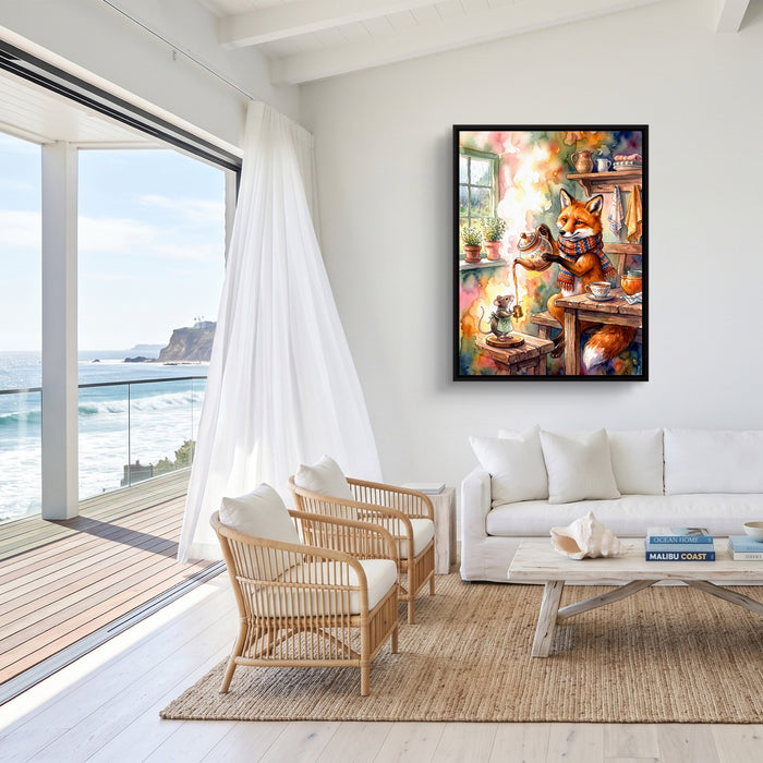 Fox Pouring Tea — fox pouring tea sq malibu beach 1port framed black