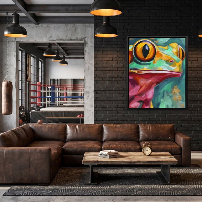Frog Ochre Expressionist canvas wall art, room view