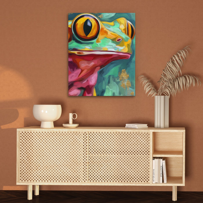 Frog Ochre Expressionist canvas wall art, room view