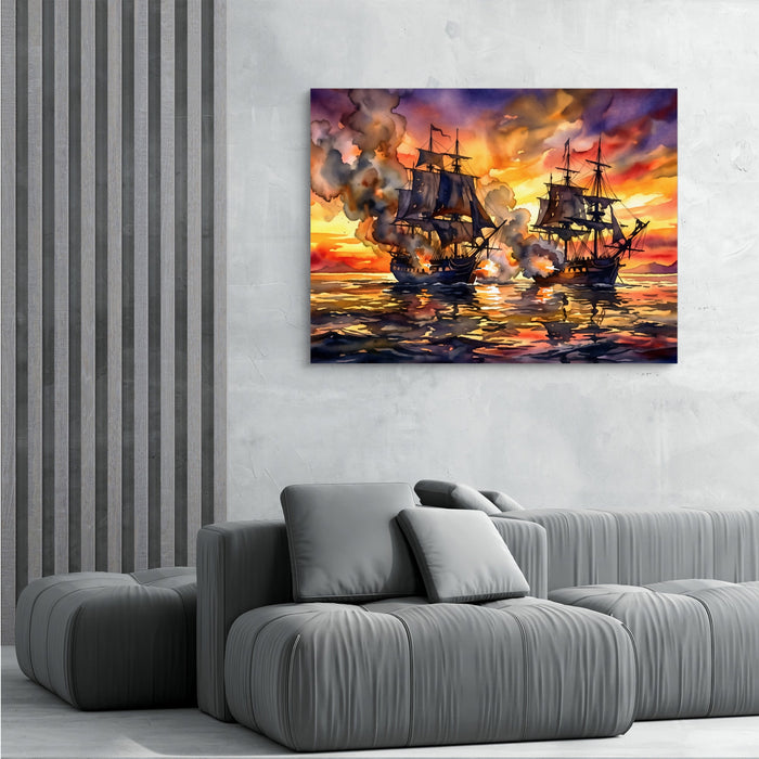 Galleons Sunset Battle — galleons sunset battle sq grey room 2 1land flush print