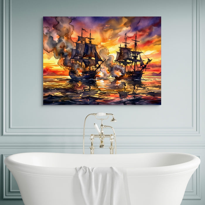 Galleons Sunset Battle — galleons sunset battle sq luxury bathroom wall 1land flush print