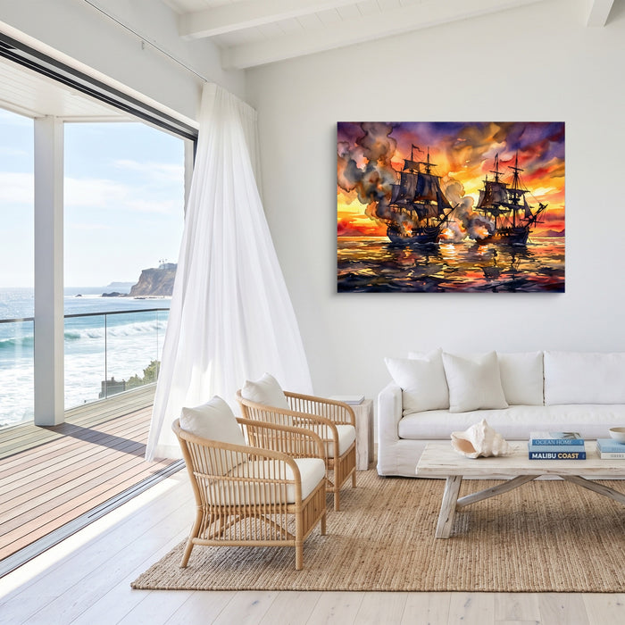 Galleons Sunset Battle — galleons sunset battle sq malibu beach 1land flush print