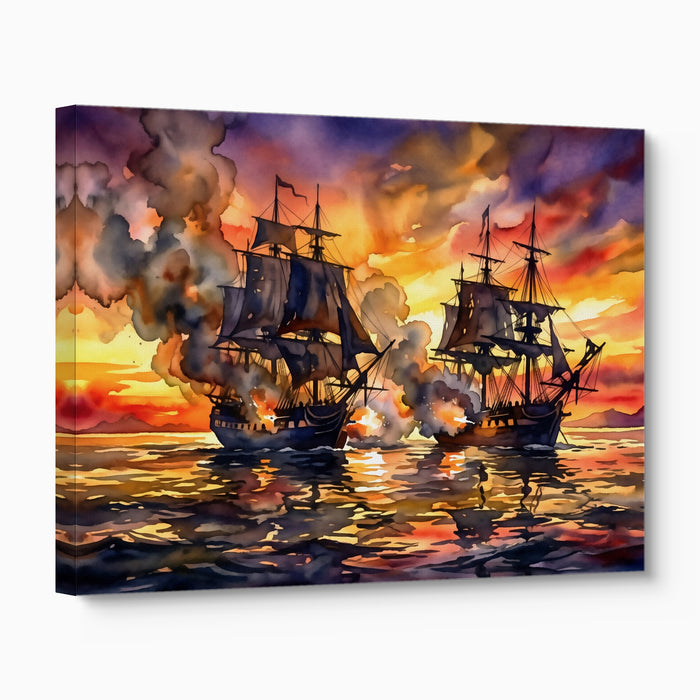 Galleons Sunset Battle — galleons sunset battle angled flush print