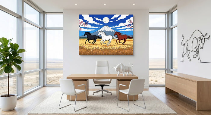 Galloping Horses Fuji Dawn — galloping horses fuji dawn office space with furniture 1land flush print