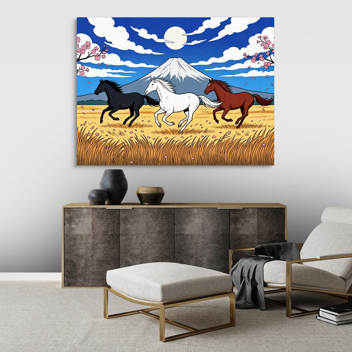 Galloping Horses Fuji Dawn — galloping horses fuji dawn sq best living room land close 1land flush print