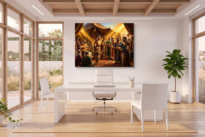 Gathering Golden Light — gathering golden light office space with desk 3 1land flush print
