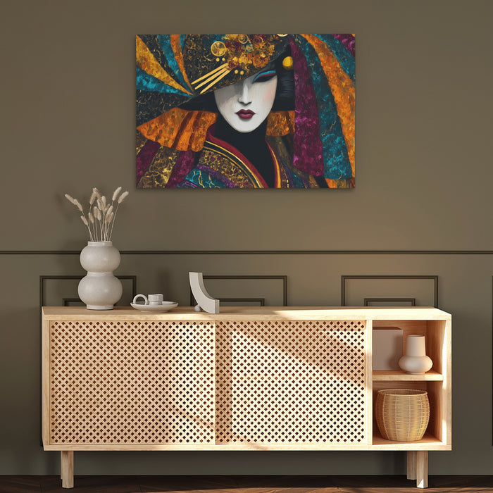 Geisha Golden Masquerade canvas wall art, room view