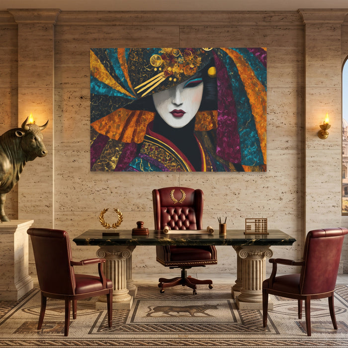 Geisha Golden Masquerade canvas wall art, room view