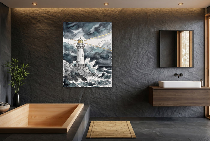 Gilded Line Lighthouse Storm — gilded line lighthouse storm small bathroom interior 1port flush print