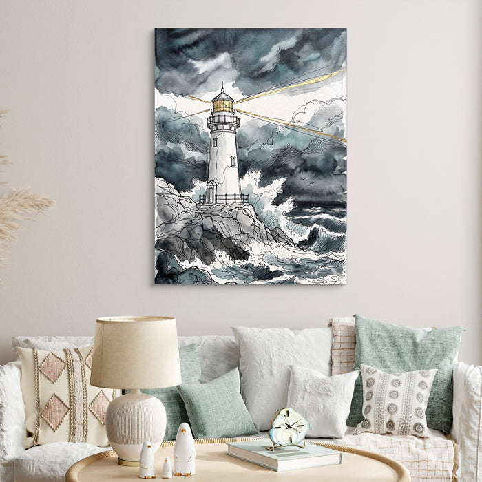 Gilded Line Lighthouse Storm — gilded line lighthouse storm sq clock bed 1port flush print