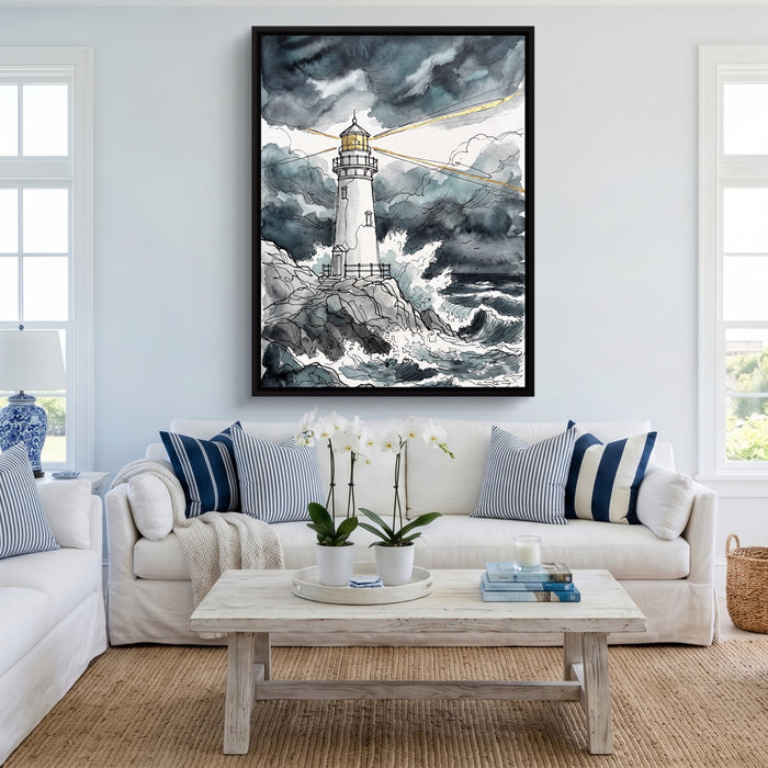 Gilded Line Lighthouse Storm — gilded line lighthouse storm sq cute livingroom 1port framed black