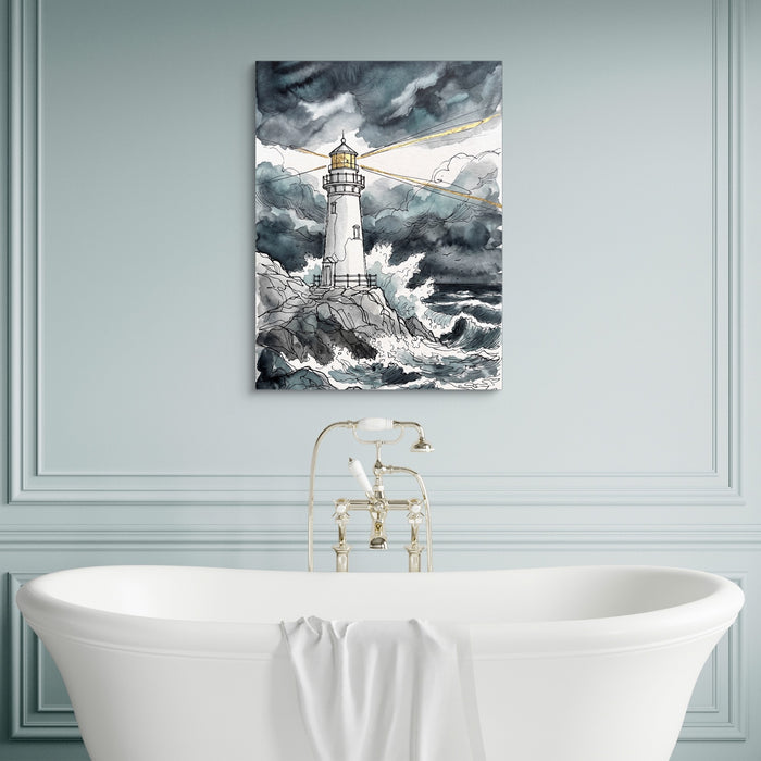 Gilded Line Lighthouse Storm — gilded line lighthouse storm sq luxury bathroom wall 1port flush print