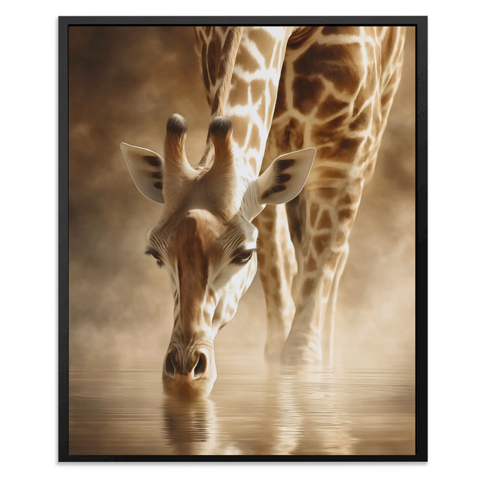 Giraffe Waterhole Drinking canvas wall art, room view
