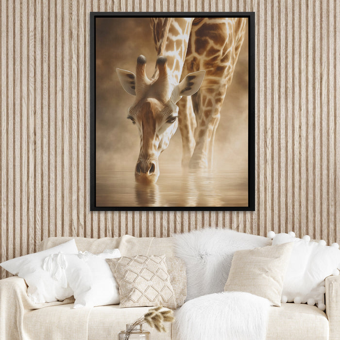 Giraffe Waterhole Drinking canvas wall art, room view