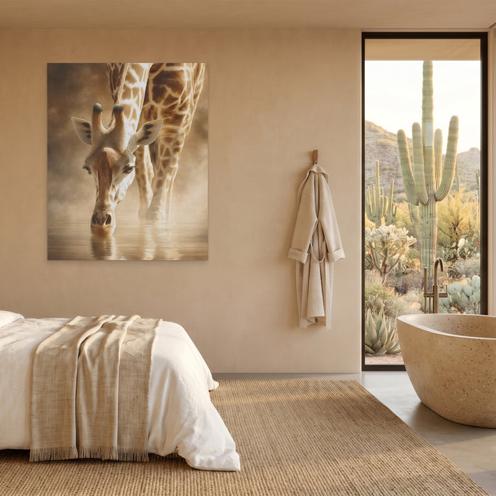 Giraffe Waterhole Drinking canvas wall art, room view