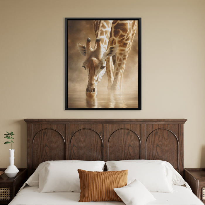 Giraffe Waterhole Drinking canvas wall art, room view