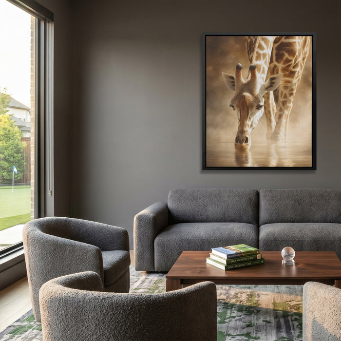 Giraffe Waterhole Drinking canvas wall art, room view