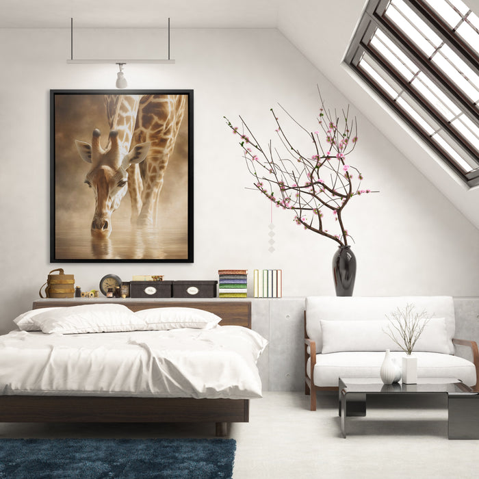 Giraffe Waterhole Drinking canvas wall art, room view