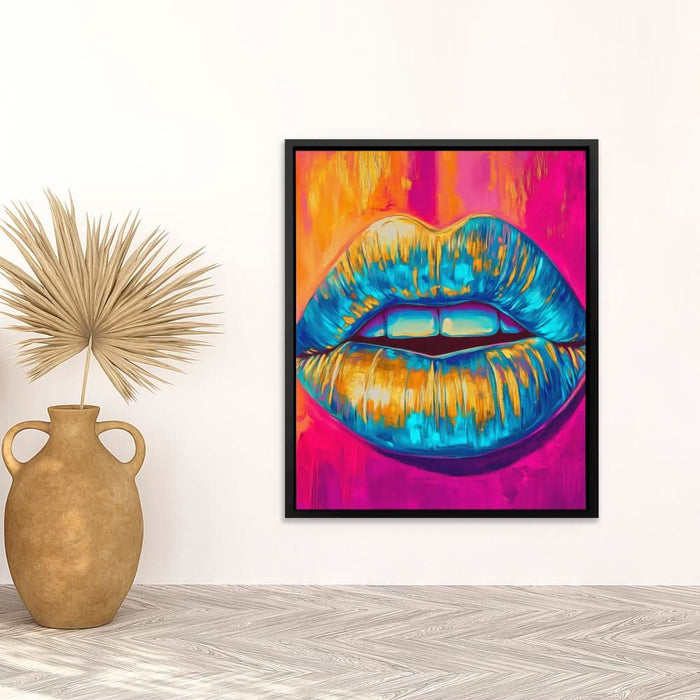 Gold-Dripped Kiss - Lips Wall Art in Black Frame