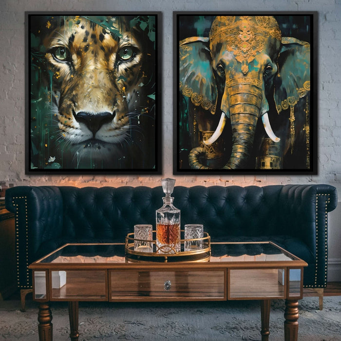 Gold Jade Jungle (2) Set - Animals Wall Art in Black Frame