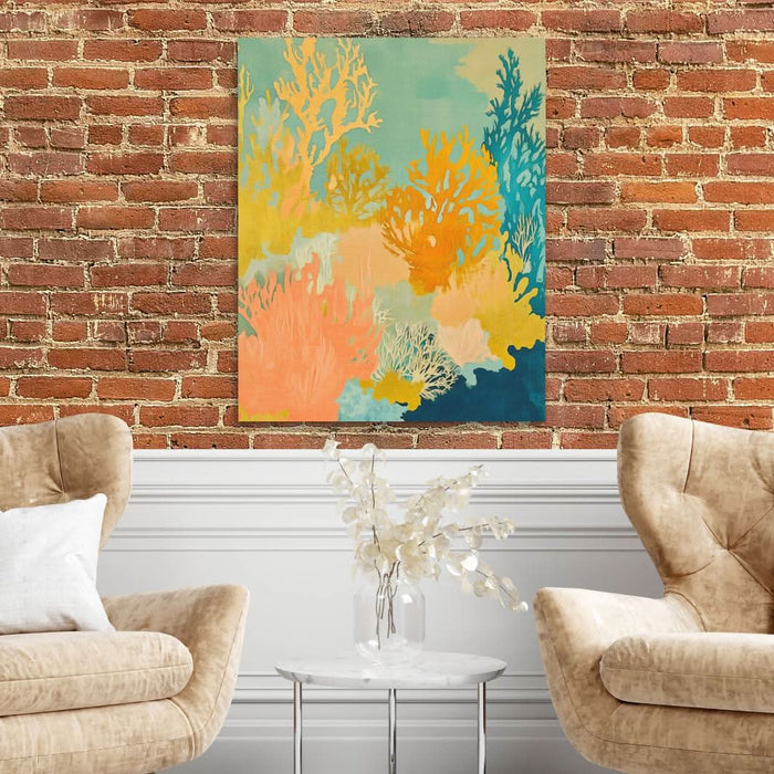 Golden Coral Bloom - Abstract Wall Art in Black Frame