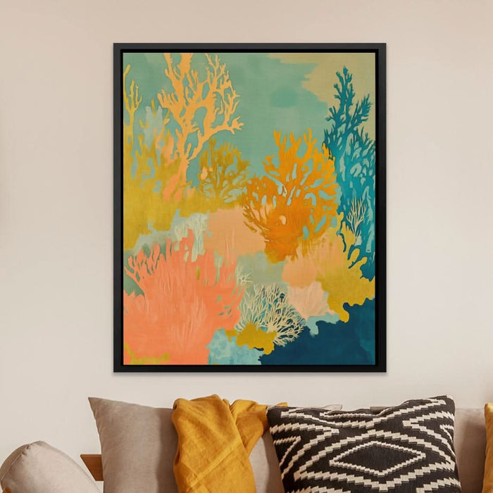 Golden Coral Bloom - Coastal Wall Art in Black Frame