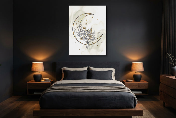 Golden Crescent Bloom — golden crescent bloom bedroom with dark walls 1port flush print
