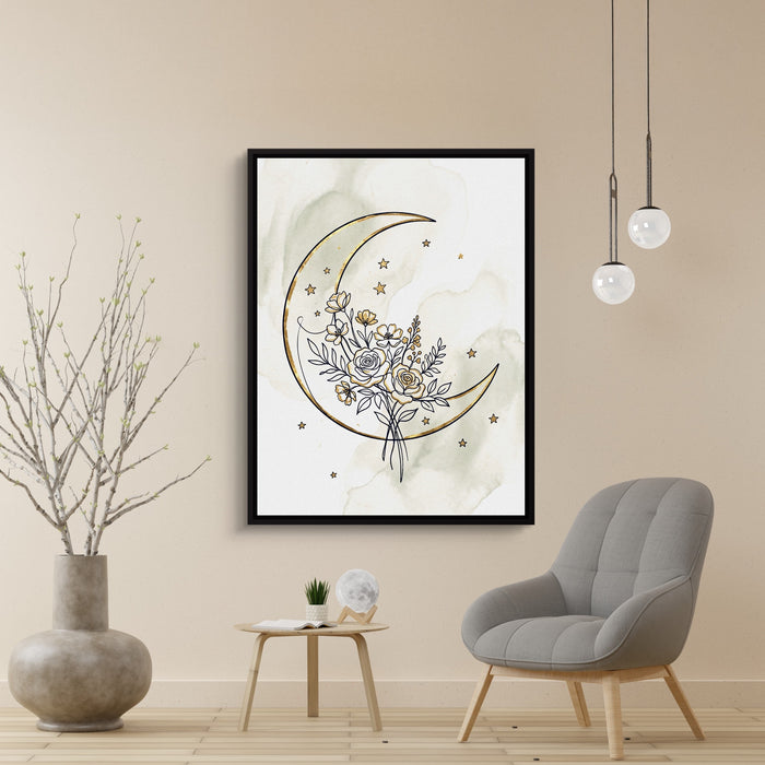 Golden Crescent Bloom — golden crescent bloom sq beige wall 1port framed black