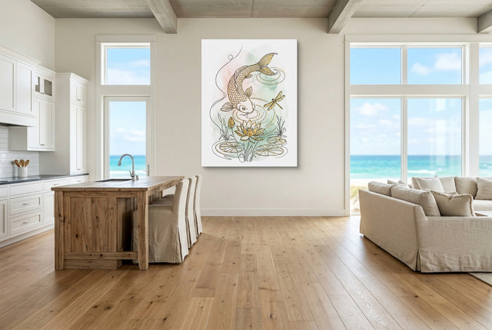 Golden Koi Pond — golden koi pond living room with ocean view 2 1port flush print