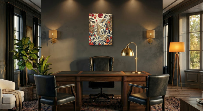 Golden Koi Waterfall — golden koi waterfall office interior with desk 1port flush print
