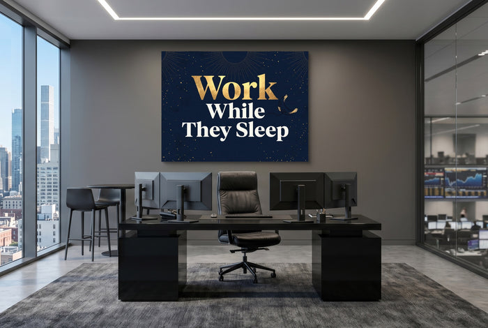 Golden Night Work — golden night work office desk with monitors 1land flush print