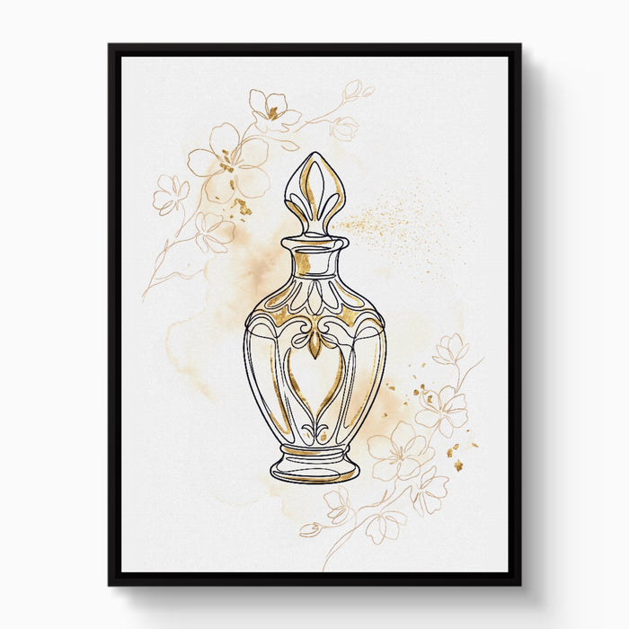 Golden Perfume Bottle — golden perfume bottle white studio framed black