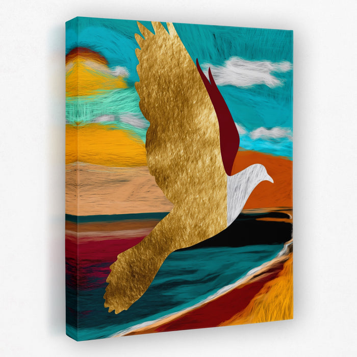 Golden Seagull Soaring canvas wall art