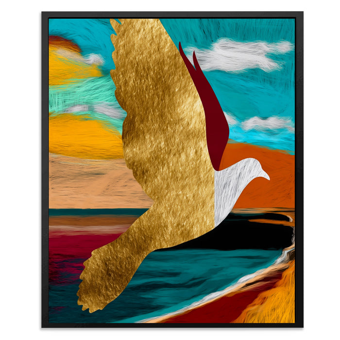 Golden Seagull Soaring canvas wall art, room view