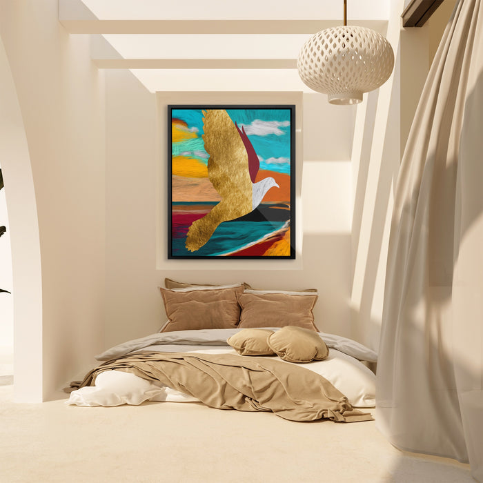 Golden Seagull Soaring canvas wall art, room view