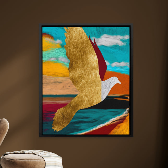 Golden Seagull Soaring canvas wall art, room view