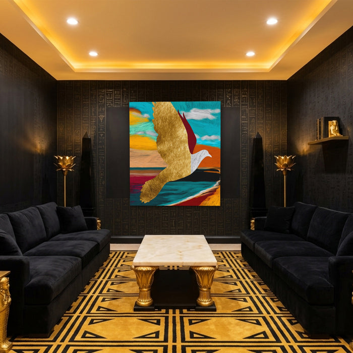 Golden Seagull Soaring canvas wall art, room view