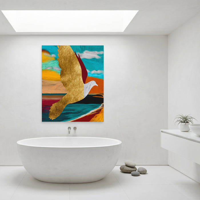 Golden Seagull Soaring canvas wall art, room view