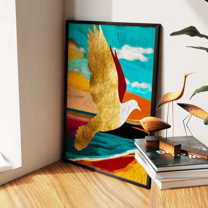 Golden Seagull Soaring canvas wall art, room view