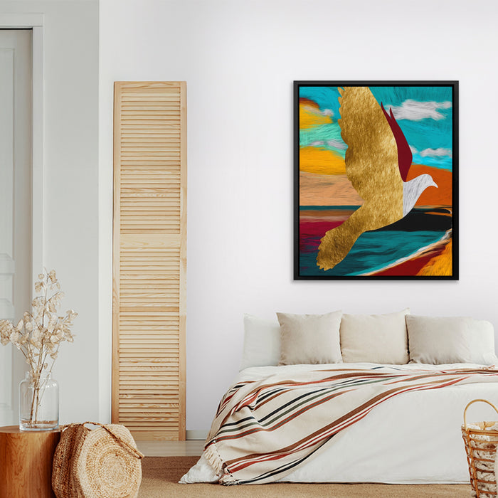 Golden Seagull Soaring canvas wall art, room view